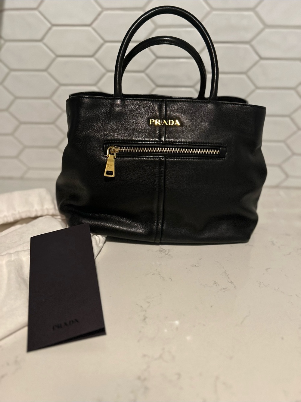 Authentic! PRADA Vitello Daino Black Leather Top-Handle Tote w/shoulder strap
